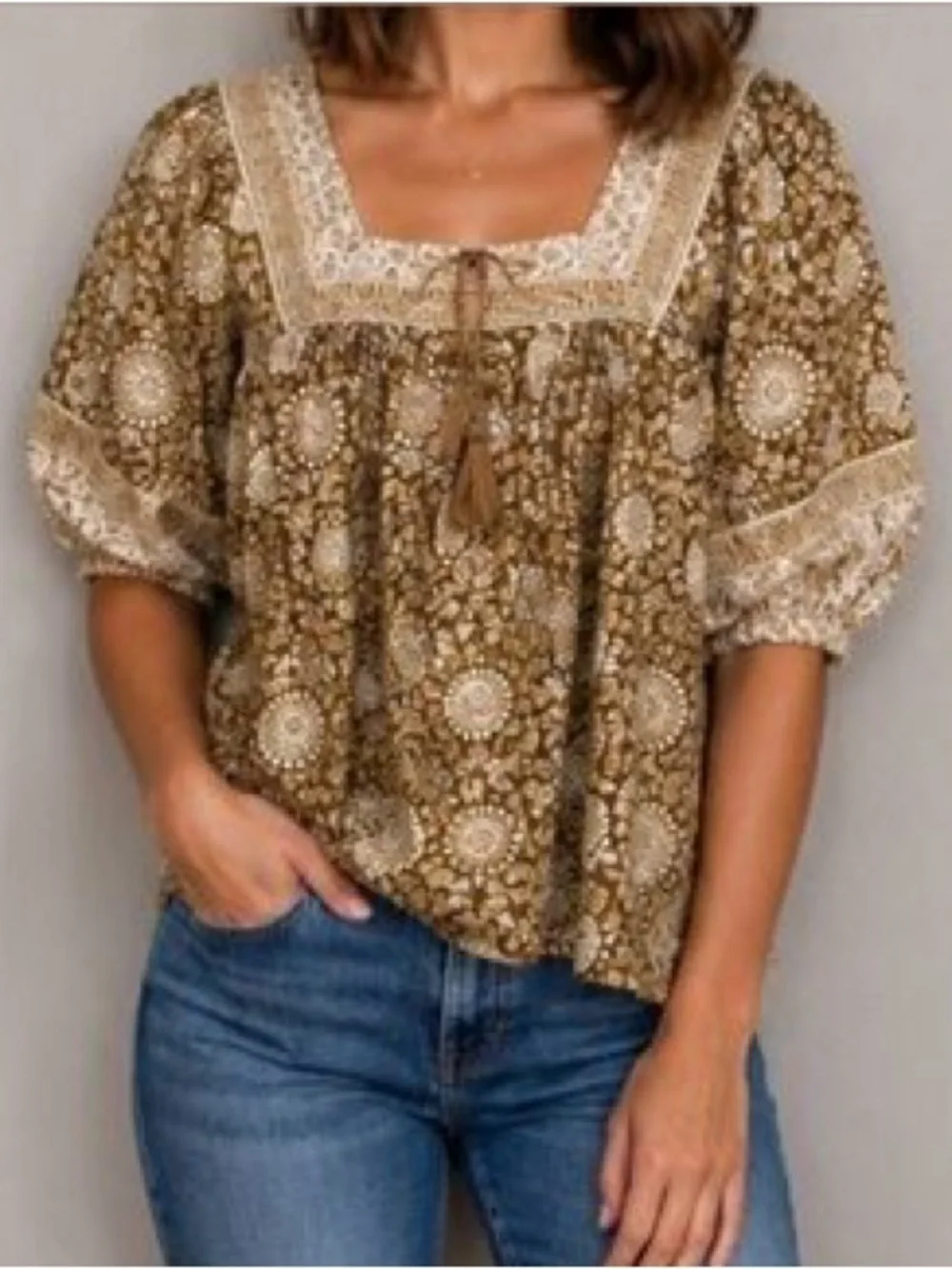 Boho Floral Peasant Blouse XL Mustard Brown Puff Sleeve Paisley fall Old Navy